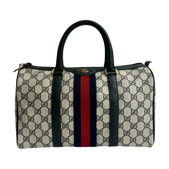 GUCCI Vintage Sherry Line GG Logo Leather Handbag/Mini Boston Bag, Navy Blue,... - Picture 1 of 9